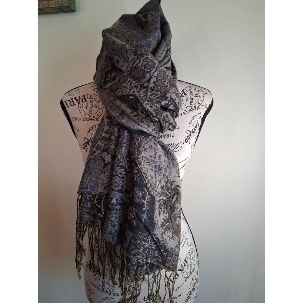 Blue Gold Paisley Pashmina Shawl Reversible Jacquard Fringe Wrap Scarf